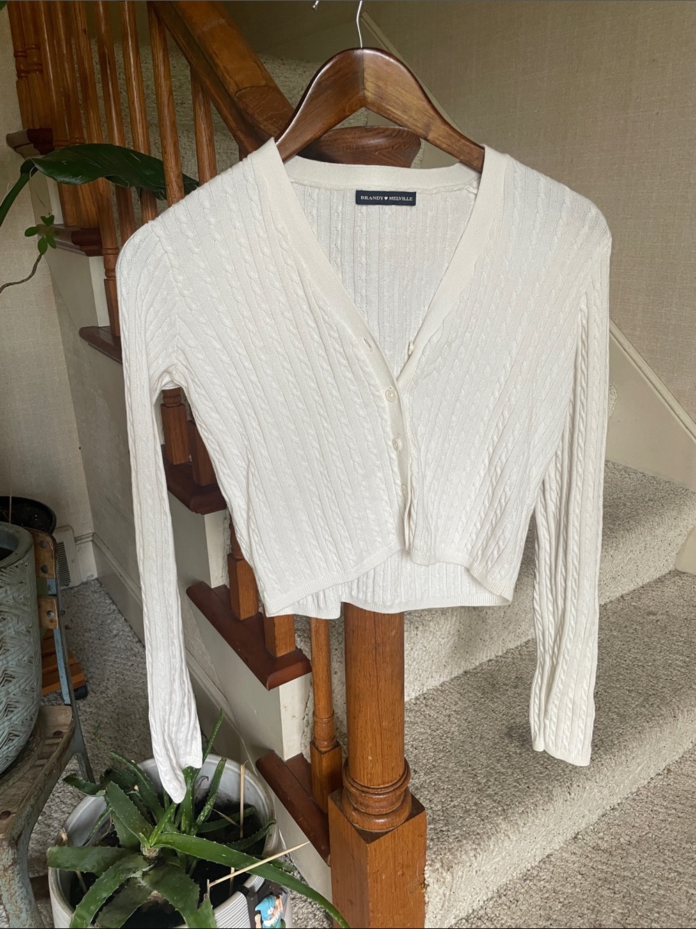 Brandy Melville White Cropped Cotton Cable Knit Button-Up Cardigan
